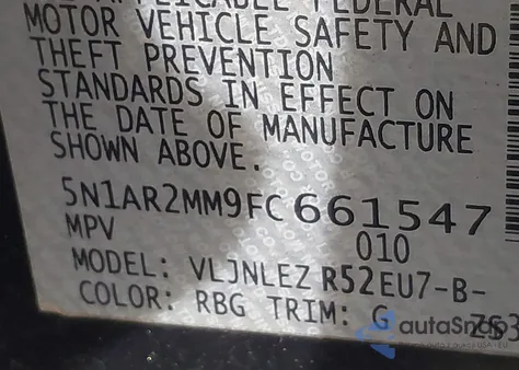 2015 Nissan Pathfinder Platinum/S/Sl/Sv z USA, uszkodzony, nr VIN 5N1AR2MM9FC661547